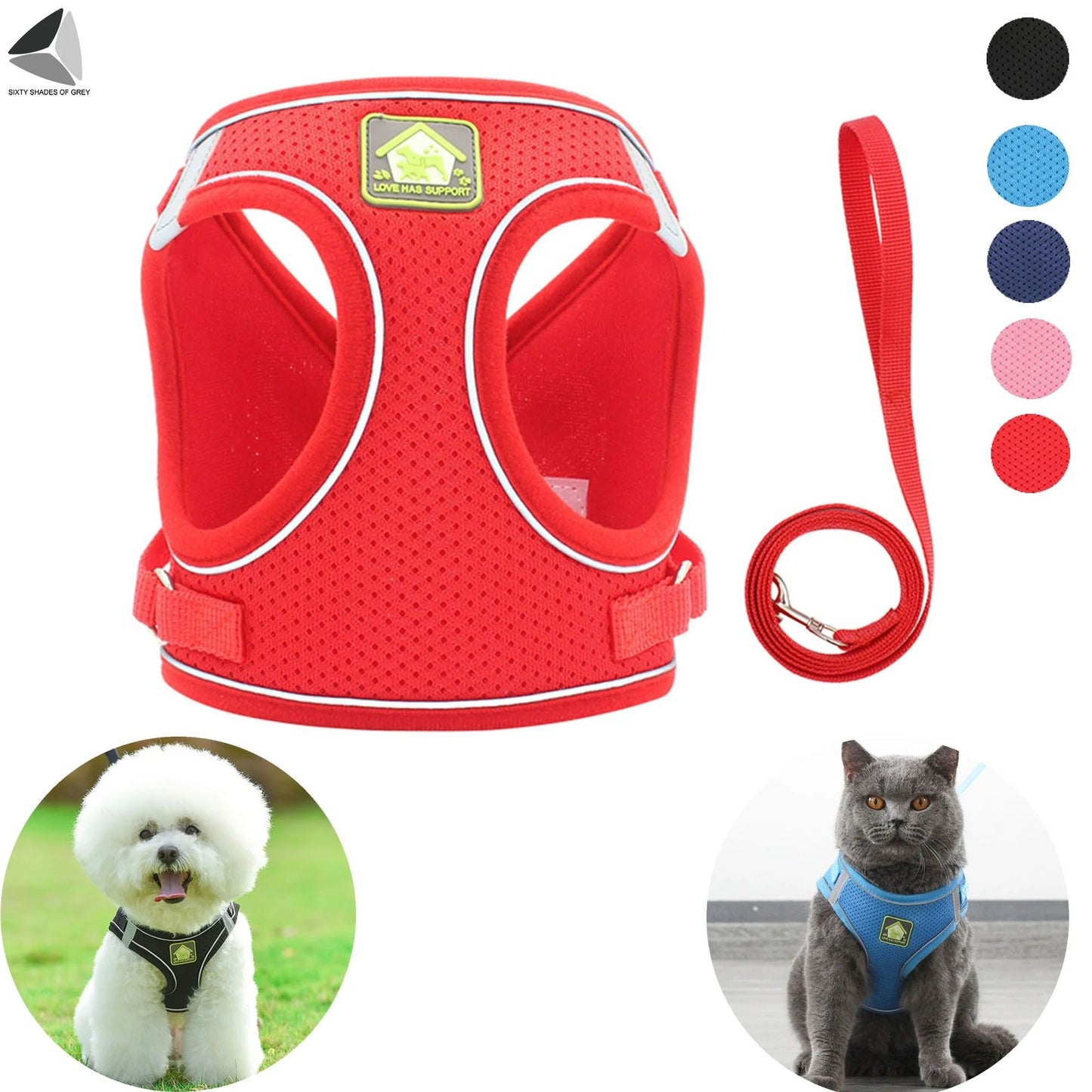 Adjustable No-Pull Dog Harness with Reflective Design and Breathable Mesh, Includes Leash for Small Dogs and Cats (XL, Red)
