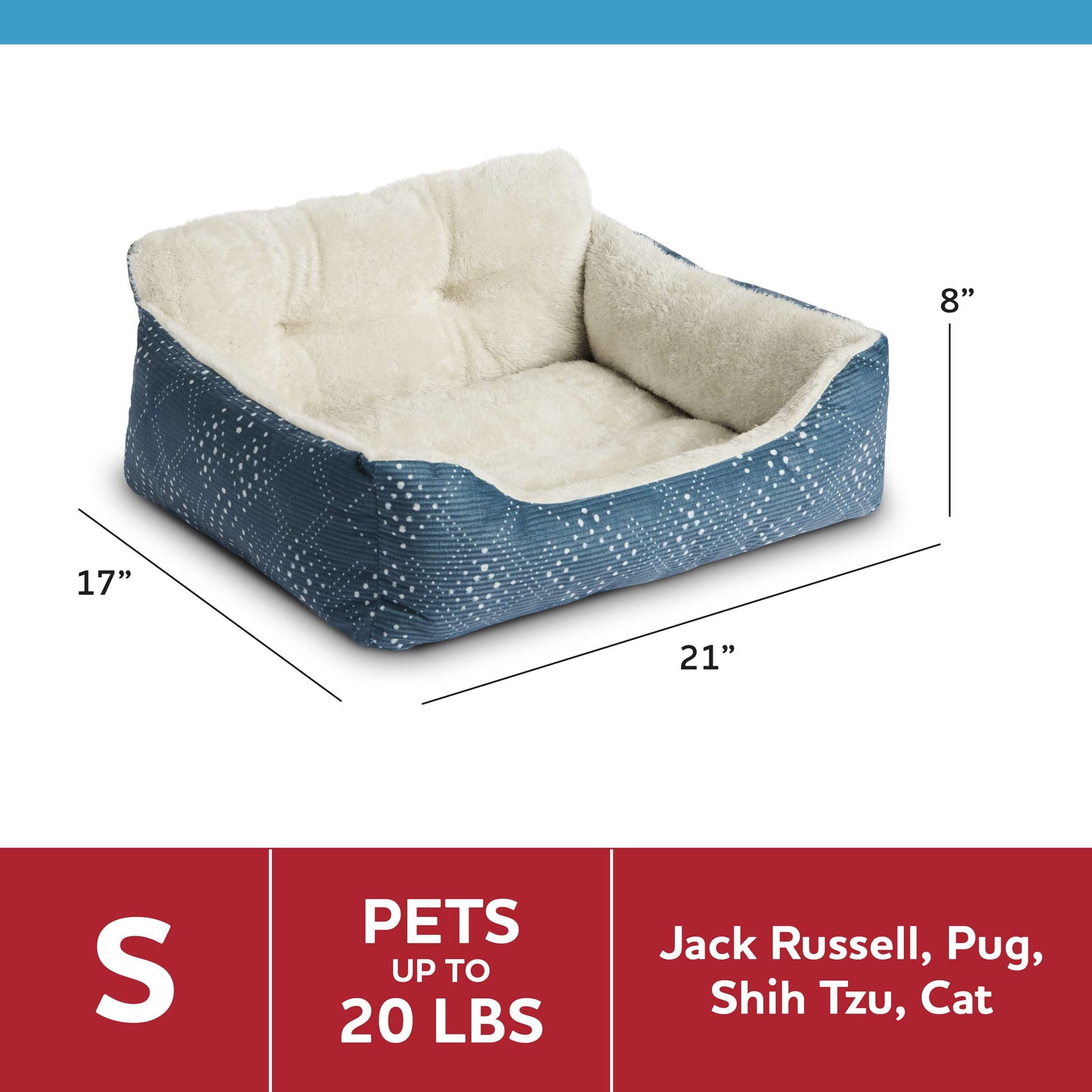 Plush Bolster Dog Bed for Small Dogs, 21" x 17", Blue