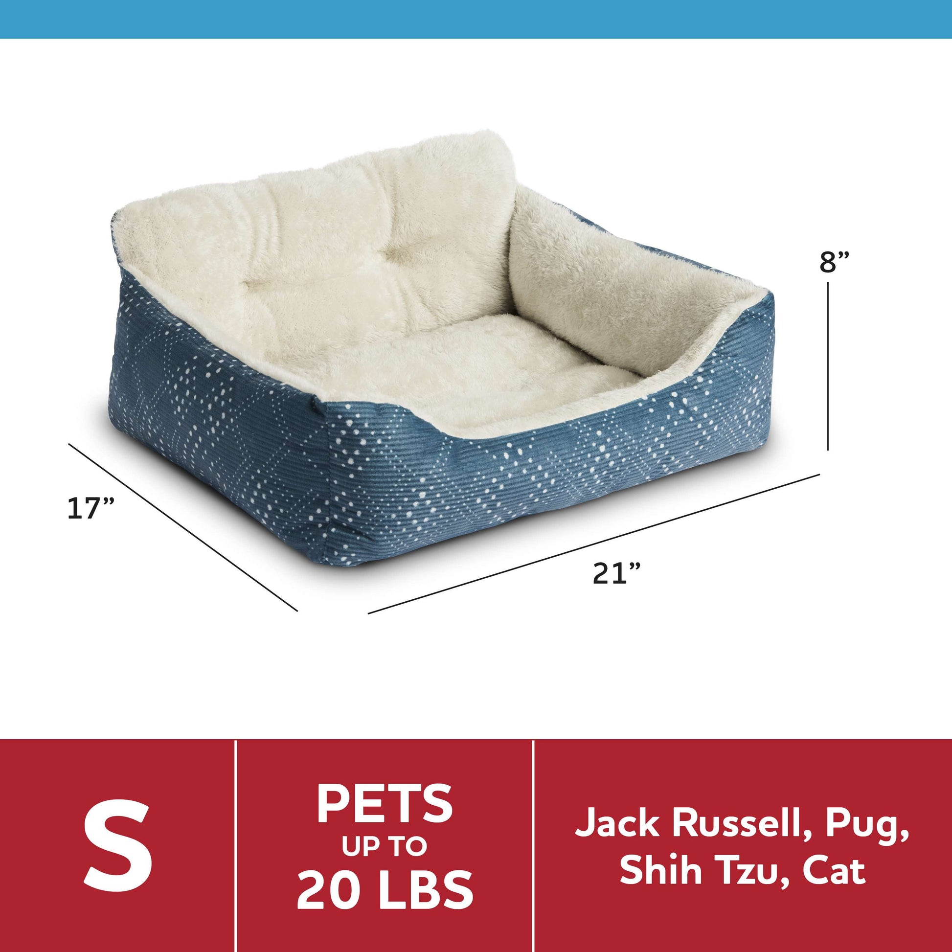 Plush Bolster Dog Bed for Small Dogs, 21" x 17", Blue